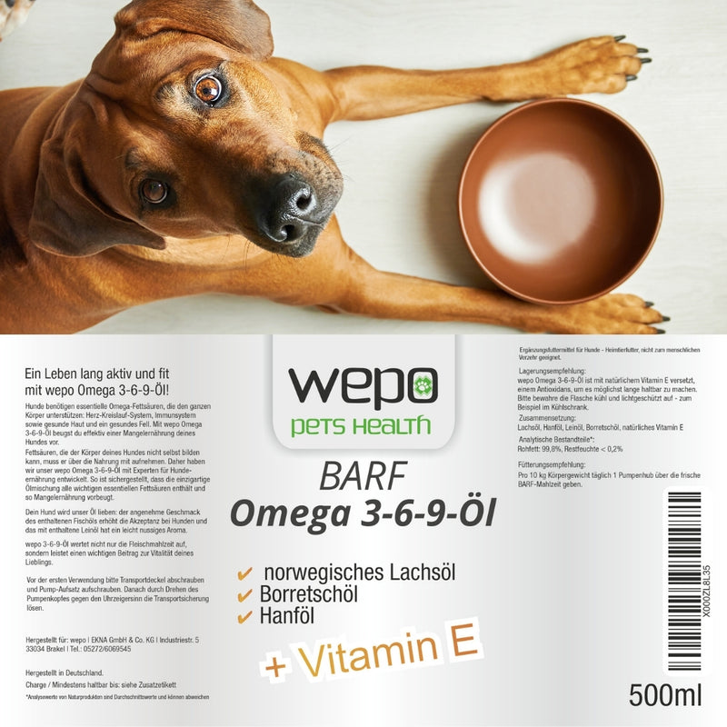 WEPO 3-6-9 Barf Öl Premium-Qualität - 100% natürliches Omega 3 6 9 - 500ml